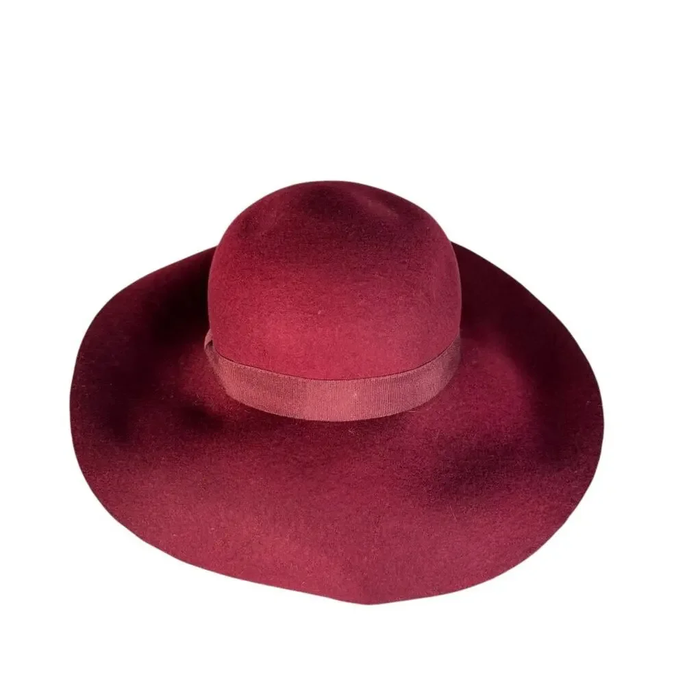 Aqua Bloomingdales Maroon Wool Wide Brim Hat Made in Italy